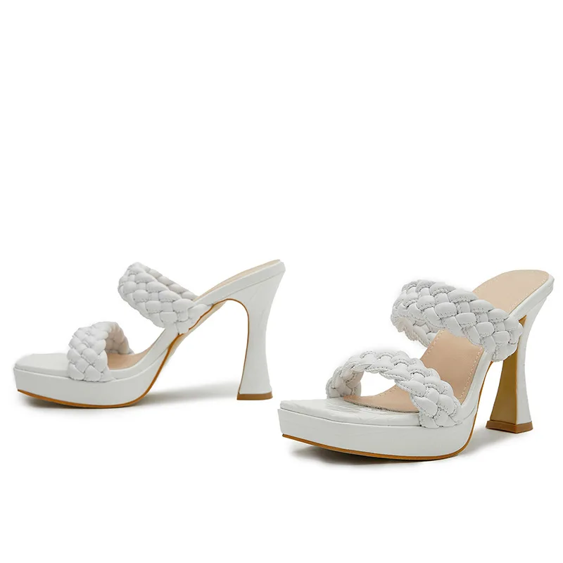 2022 New Square Toe Weave Slippers Slides Summer Fashion Gladiator Sandals Women Shoes Square Heels Shoes Zapatos De Mujer