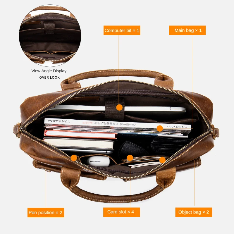 Business Computer Briefcases for Laptop 14'' Men's Bag Genuine Leather Document Bags A4 Men Briefcase Leather Bags
