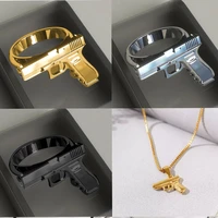 2 piece set of ring necklace punk retro style mens and womens ring imitation gun model ring jewelry hot sale