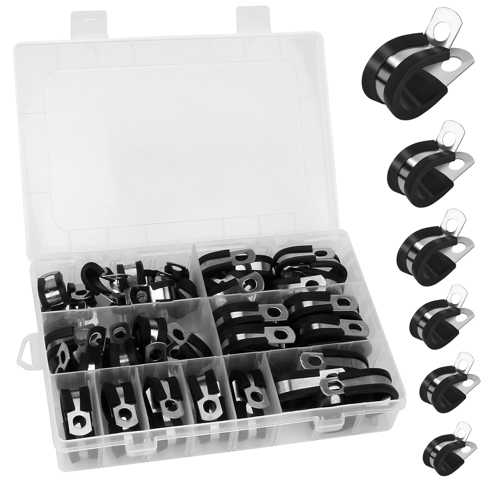 

Кабельные зажимы из нержавеющей стали, 52 шт., набор в ассортименте, резиновые зажимы для труб из нержавеющей стали 304 с контейнером для хране...