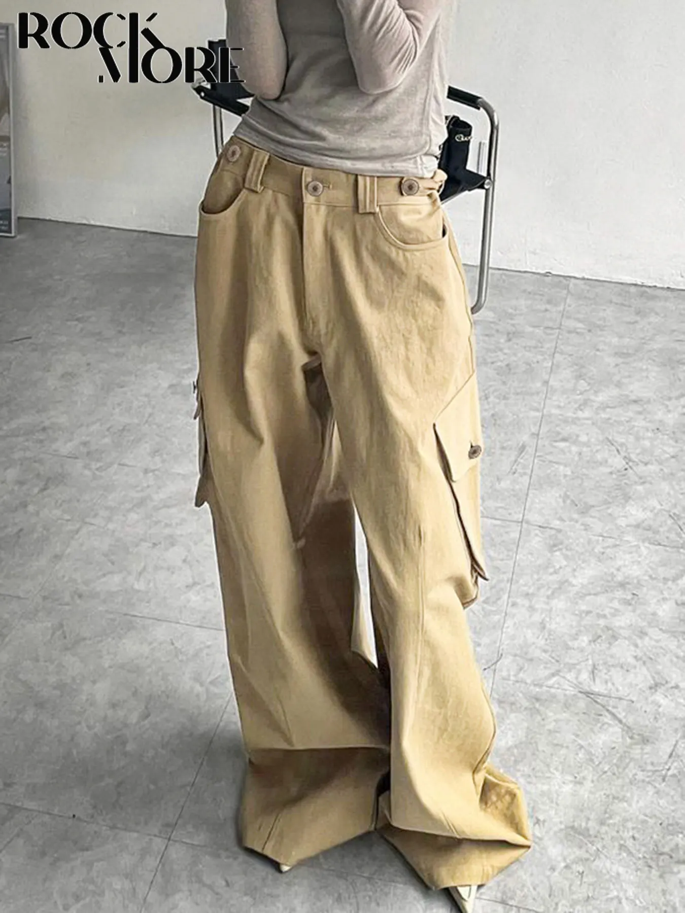 Rockmore Y2K Брюки-карго цвета хаки Harajuku Уличная одежда Брюки с широкими штанинами и