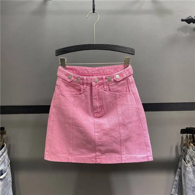 2022 spring and summer new style pink denim skirt women's high waist word bag hip  Cotton  Casual  Pockets  Solid
