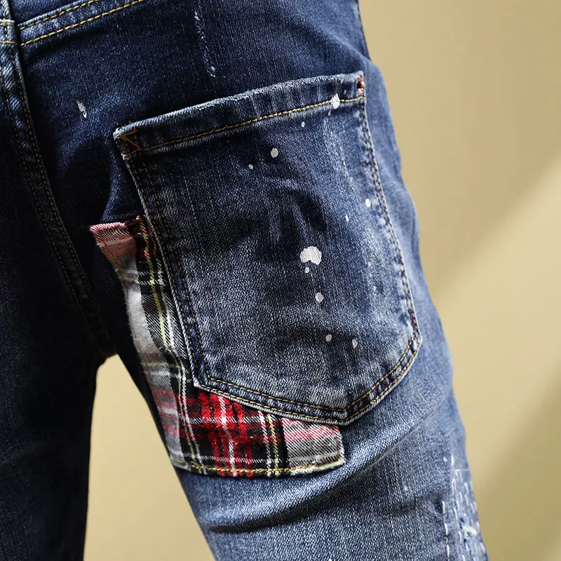 Streetwear Fashion Men Jeans Retro Blue Elastic Slim Fit Ripped Jeans Men Embroidery Patch Designer Hip Hop Denim Pants Hombre