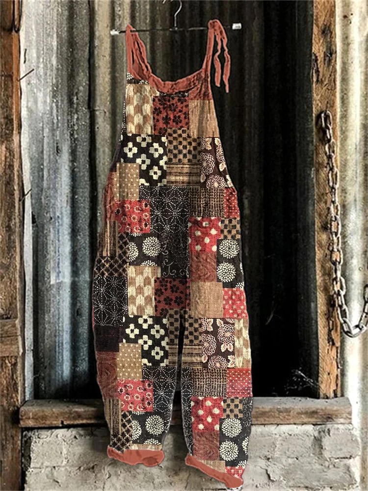 2024 Casual Fashion Elegant Women's Loose Adjustable Suspension Romper Retro Floral Geometric Print Wide Leg Pant