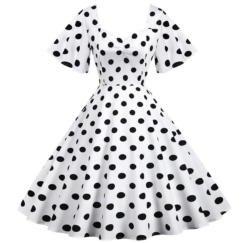 

Women Summer Dress Butterfly Sleeve Swing Vintage Dresses Robe Femme Elegant Green Polka Dot Party Sundress Jurken