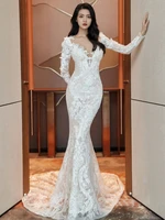 shiny 2021 autumnwinter new lace long sleeved slim fitting fishtail wedding dress outdoor tour shoot skirt sexy