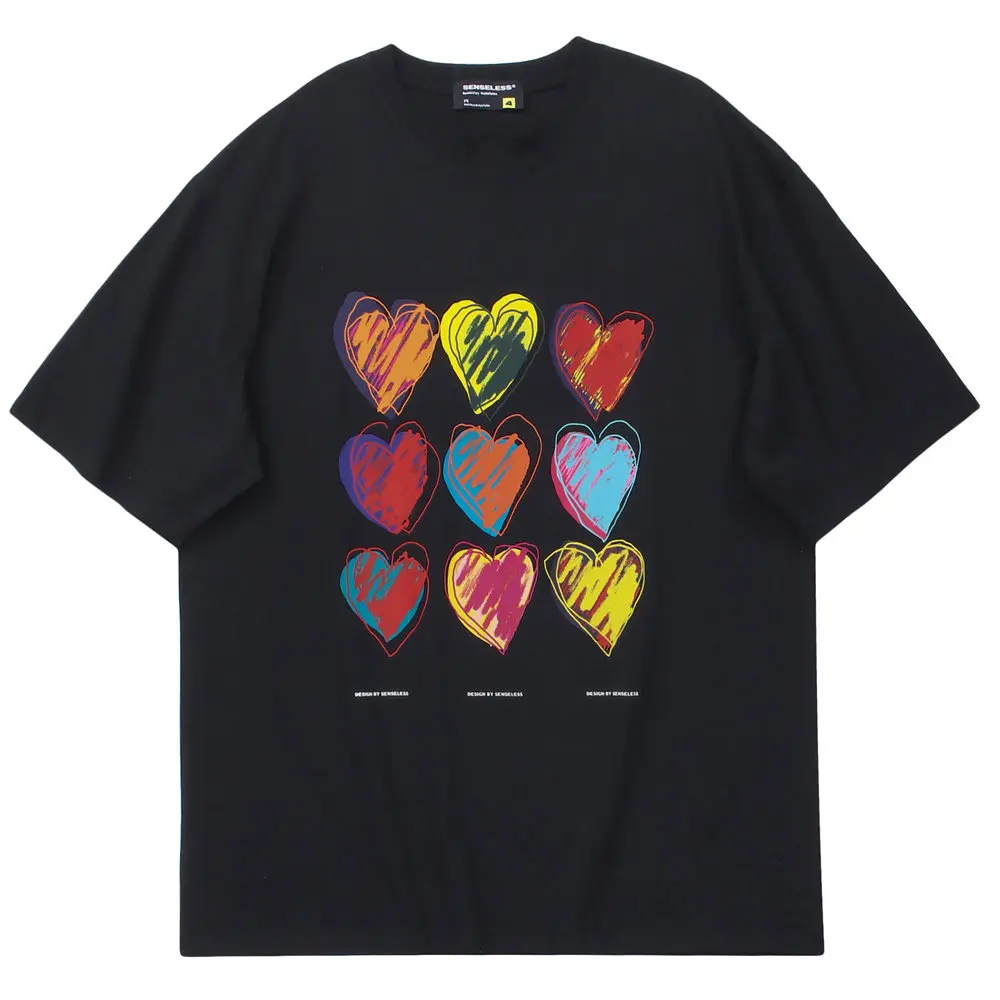 

T-shirts Sketch Colorful Hearts Print Cotton O-neck Women's T-shirt Summer Streetwear Harajuku Casual Oversized T Shirt for Men