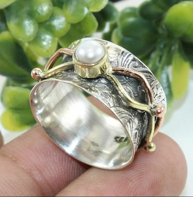 

ANGLANG Luxury Women&Men Fresh Pearl Three Colour Ring Handmade Extra Wide Meditation Statement Ring Fine Jewelry Party Gifts