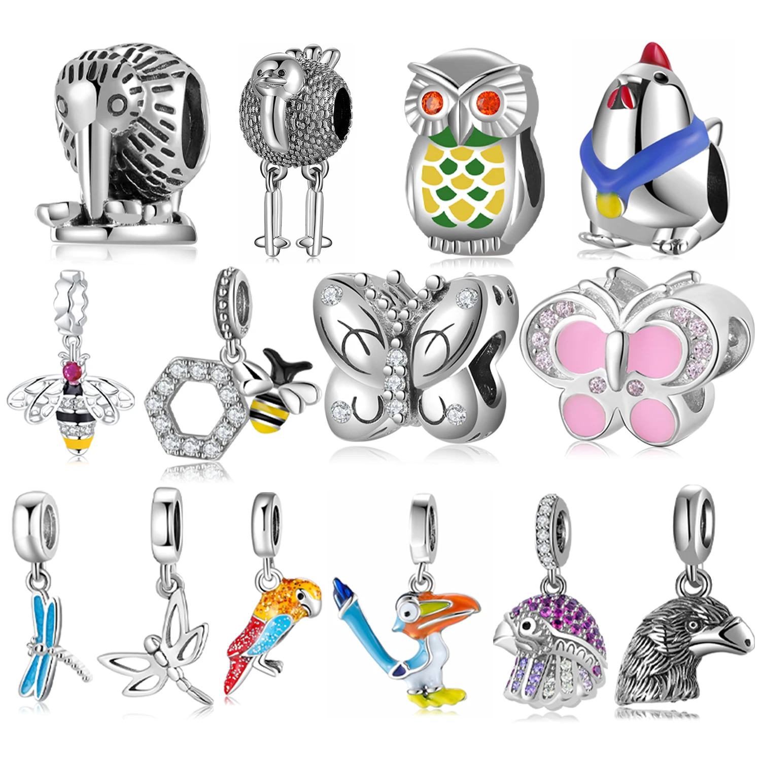 

New Gifts Authentic Bpink Butterfly Bee Insect Bird Pendant 925 Sterling Silver Necklace for Women Charms for Bracelet Making