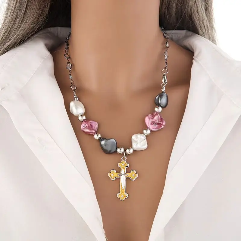 

New Fashion Exaggerate Cross Pendant Necklaces For Women Geometric Irregular Imitation Pearl Statement Necklace Party Jewelry