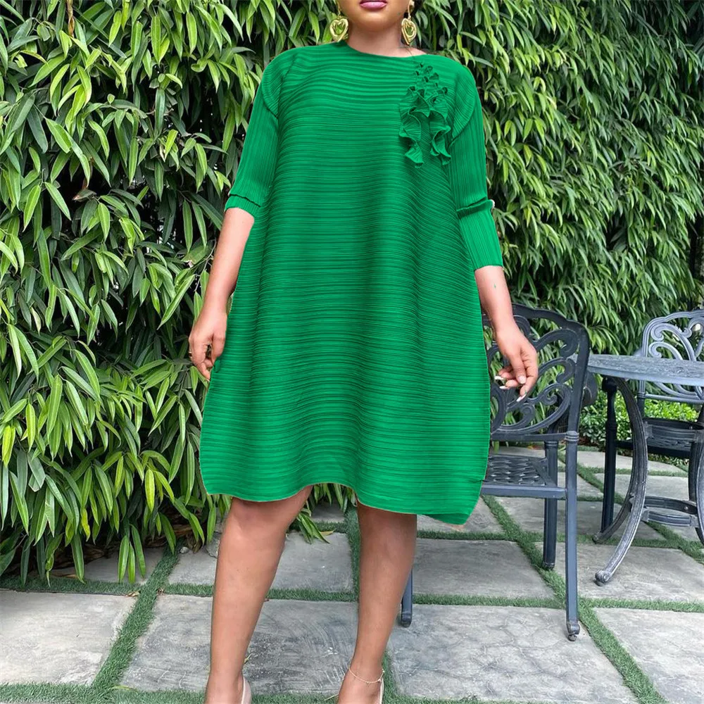 

Women's Dress Pleated Crew Neck Solid A-Line Skirt Loose Dress Elegant Dresses For Women 2022 Summer New Africa Female Clothing