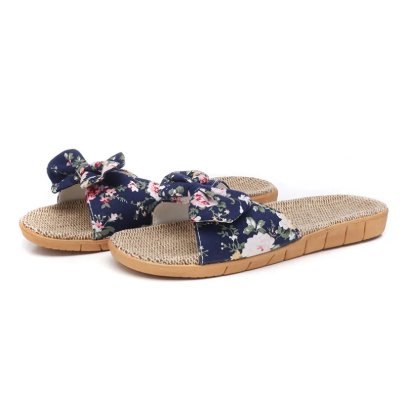 

Summer Flax Home Slippers Women Beach Flip Flops Non-slip Female Sandals Bohemia Bowknot Linen Flip Flops Beach Shoes Slide