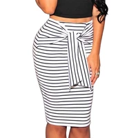 summer women striped bow tie bandage zipper knee length pencil skirts fashion female blackwhite sexy slim skirts ol clothing