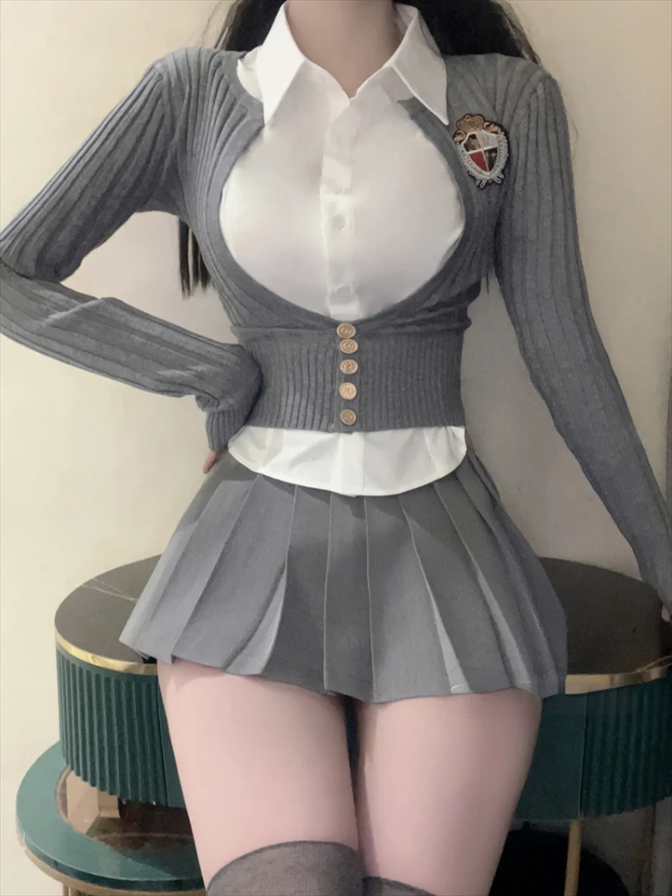 

College Style Kawaii 3 Piece Set Women Korean Fashion Sweet Mini Skirt Suit Female Holiday Gray French Vintage Clothing 2023 New