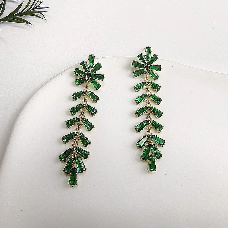 

European and American Fashion Green Crystal Long Tassel Ear Earrings Korean Simple Temperament Leaves Ear Earrings Wholesale