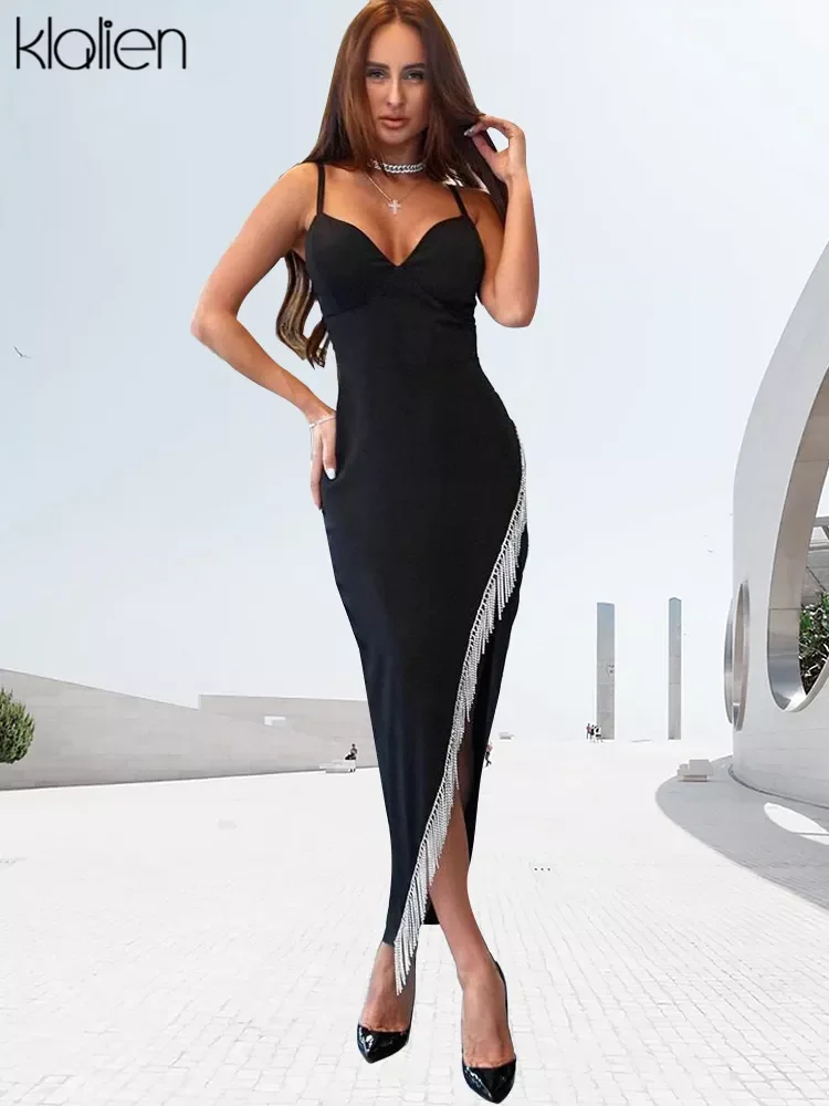 

KLALIEN Fashion Elegant Senior Party Long Dress Women's Solid Slim Diamond Tassel Strap Maxi Dresses Female Club Night Vacat