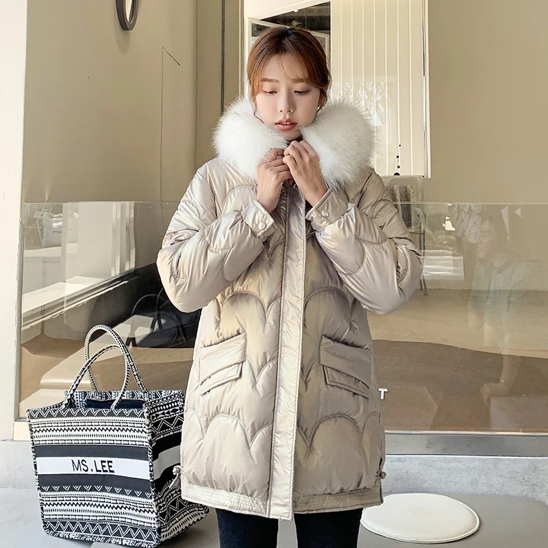 

Hooded with Fur Women's Long Winter Jacket Pockets Glossy Ladies Casual Parkas Long Sleeve Warm Thick Padded Outwear for Female