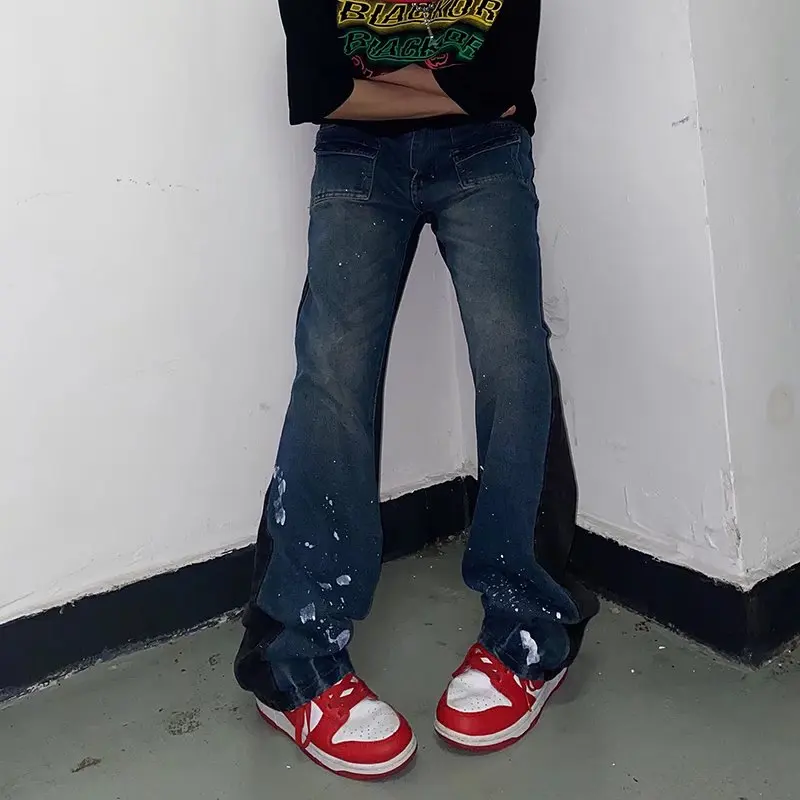 2022 Ink Splash Patchwork Hip Hop Baggy Men Flare Jeans Pants Vintage Loose Straight Punk Goth Denim Trousers Pantalones Hombre