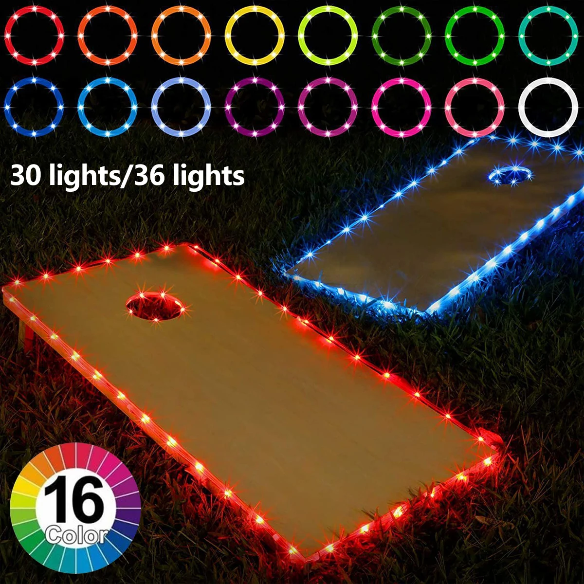 

New9.8ft/11.8ft 30/36 LEDs Cornhole Lights 2 Sets 16 Color RGB Remote Control Cornhole Edge and Ring Lights 4 Modes IP68