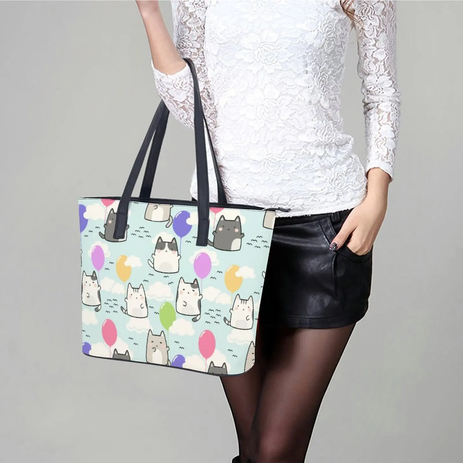 Funny Japanese Anime Handbags Cute Kawaii Cats Leisure Shoulder Bag Business PU Leather Tote Bag Lady Pocket Print Shopper Bags images - 6