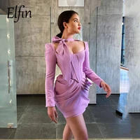 elfin purple halter neck short cocktail dress long sleeve prom gowns pleats corset cropped special occasion celebrity dress