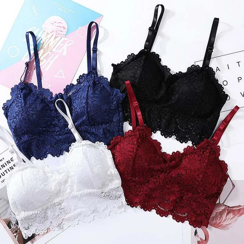 

Bra Wire Free Bras For Women Thin Cotton Lace A42 Black White Y-line Straps None Closure BH Sexy Bras For Women Lace Vest Brale