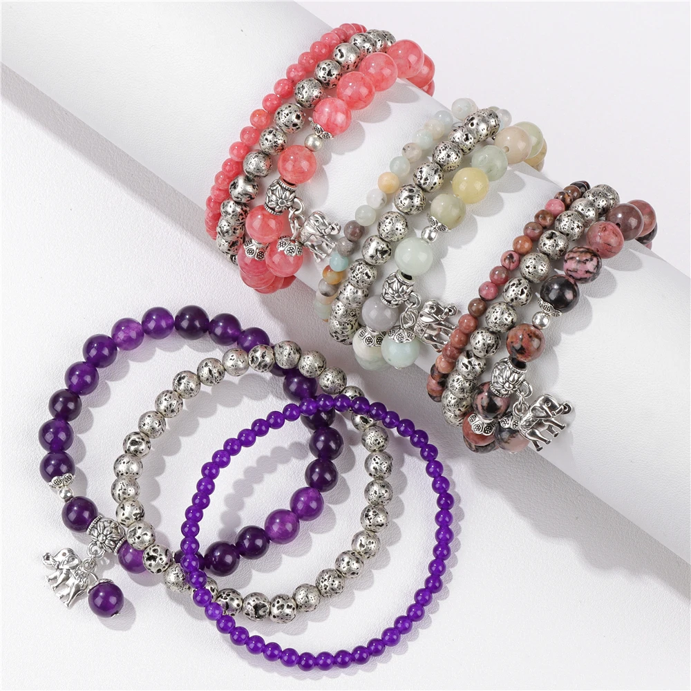 

3pcs/set Elephant Charm Friendship Bracelet For Women Lava Anxiety Essential Oil Diffuser Beads Bracelet Set Yoga Jewelry Gifts