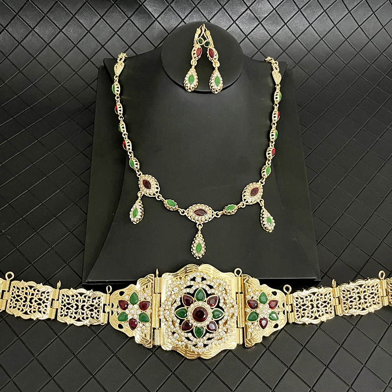 

Heeseygold Moroccan Chic Caftan Wedding Jewelry Set Bridal Rhinestone Flower Waist Chains Gold Color Ethnic Wedding Collections