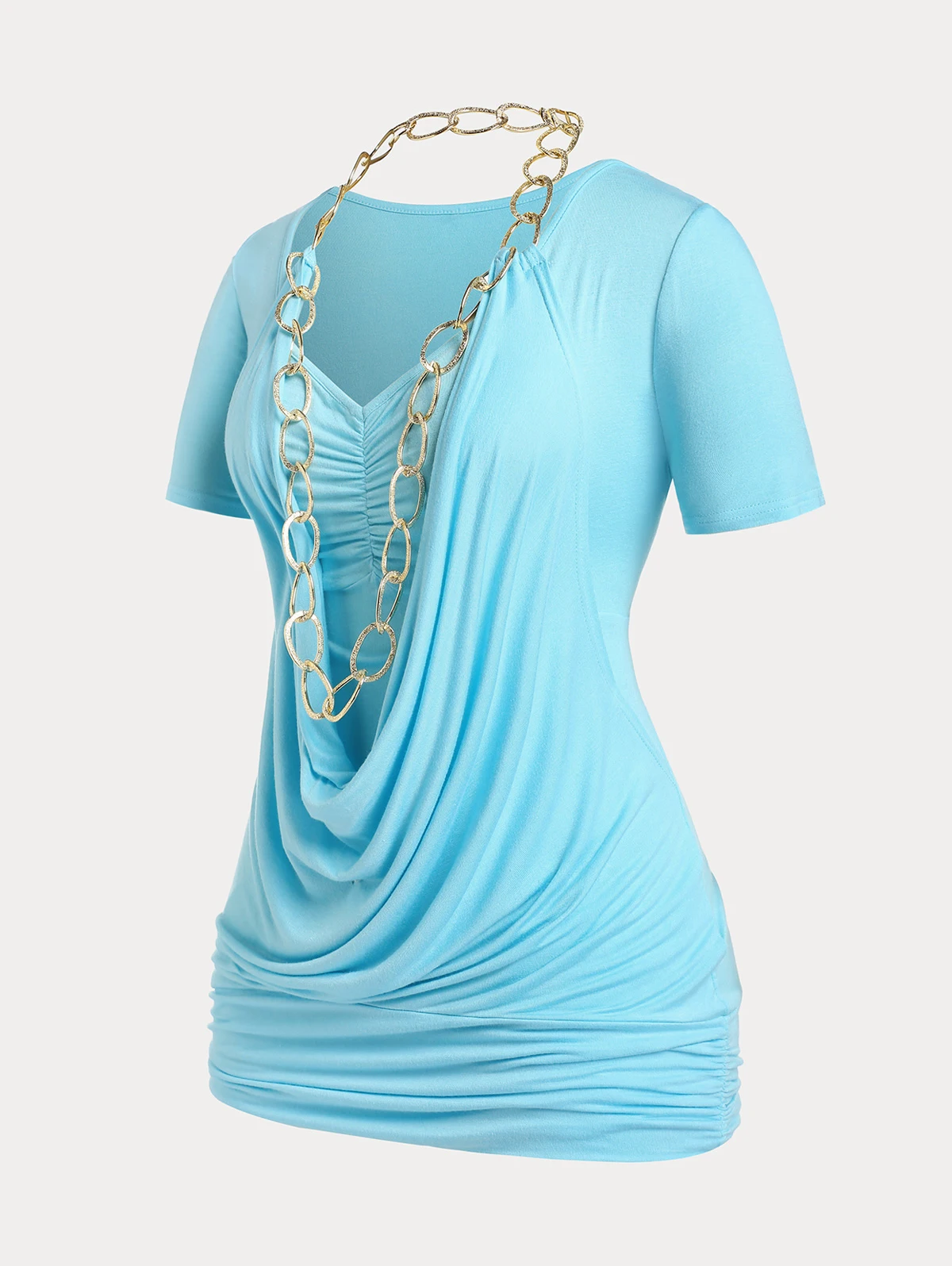 

ROSEGAL Female Draped Tee Cowl Tops Fashion V-Neck Short Sleeve Ruched Chains T-shirts For Women Summer Stretch Soft Blouses 4XL