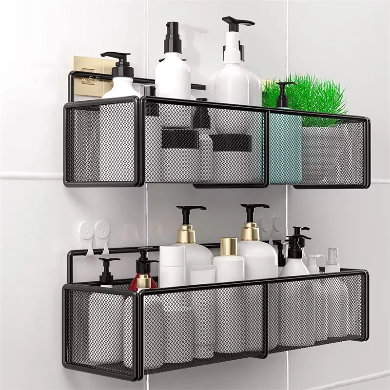 

2023 2023 Bathroom Kitchen Punch Corner Frame Shower Shelf Wrought Iron Shampoo Storage Rack Holder with Suction Cup Bathroom A