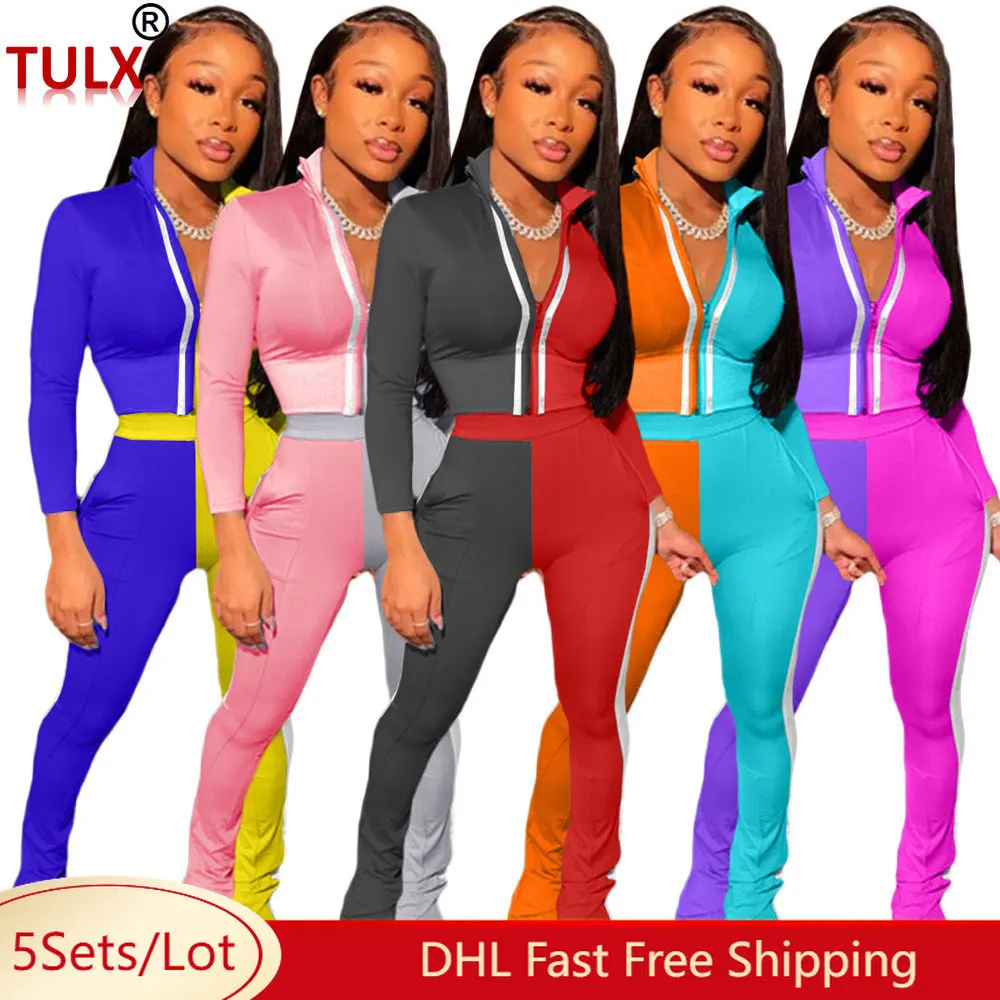 

5 Wholesale Women Two Piece Set Outfits Fall Winter Clothes Long Sleeve Jacket Pants Mathing Tracksuits Panelled Sportswear 8624