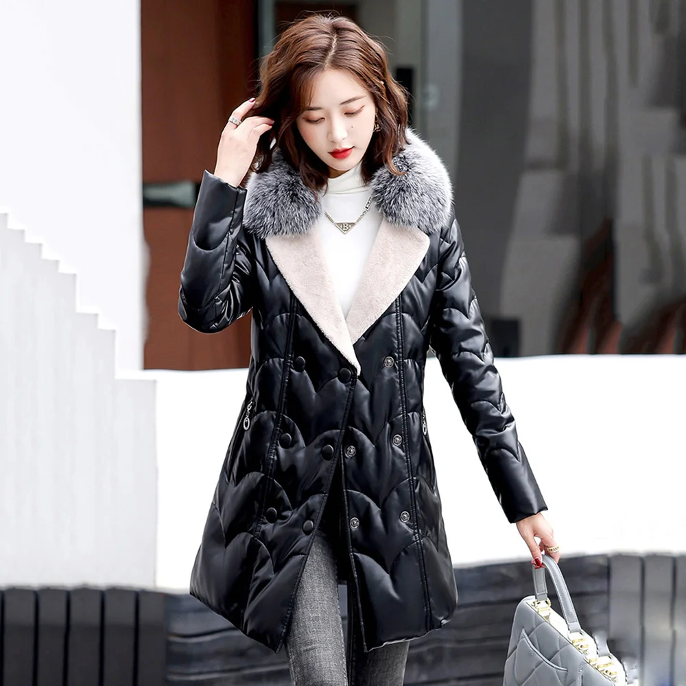New Women Leather Down Coat Casual Fashion Real Fox Fur Turn-down Collar Belt Slim Sheepskin Down Outerwear Thicken Warm Jacket