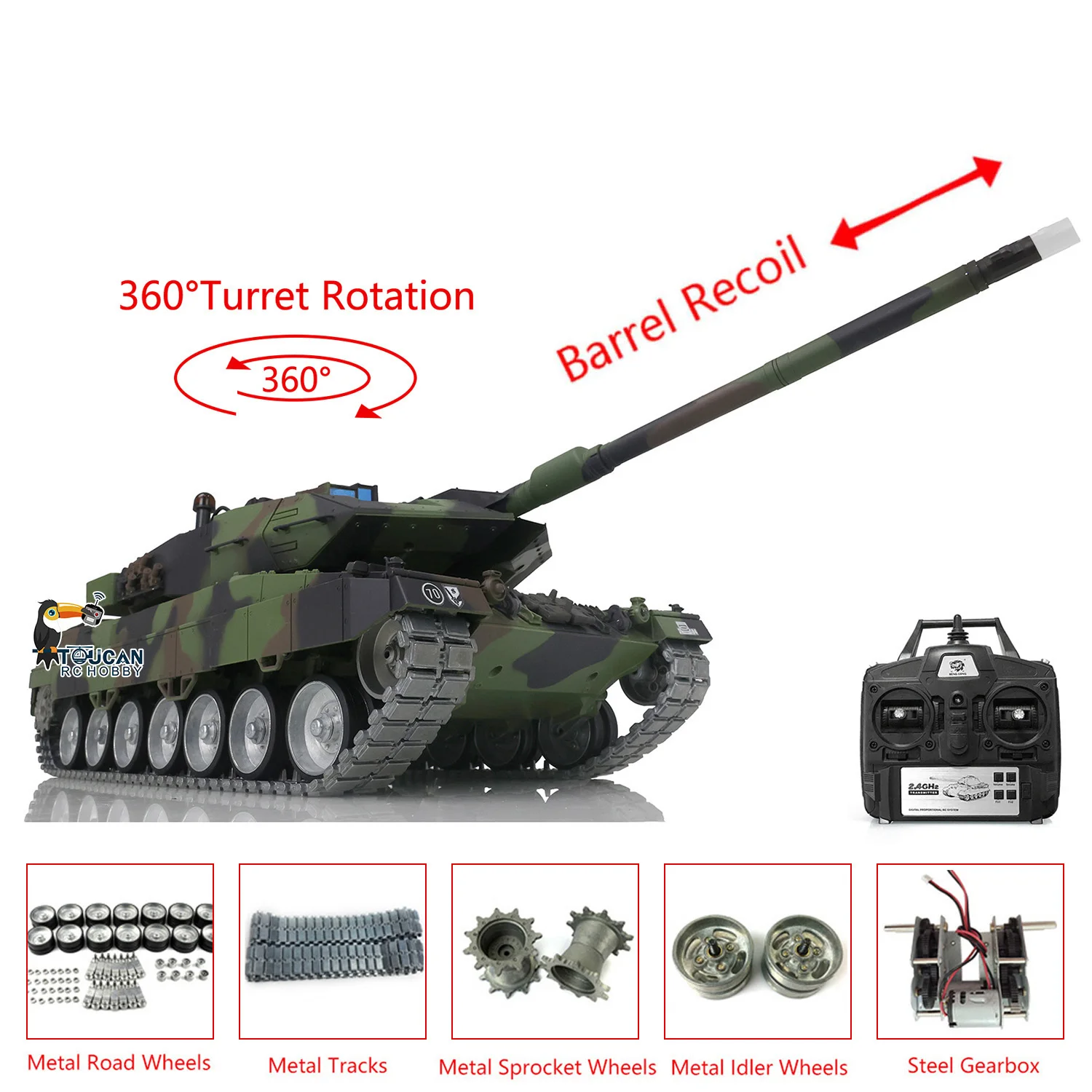 Фото Радиоуправляемый танк Toucan 1/16 Heng Long TK7.0 Leopard2A6 3889 с металлическими гусеницами, колесами, откатом ствола, BB-пушкой, дымогенератором и пультом управления (Panzer) №5