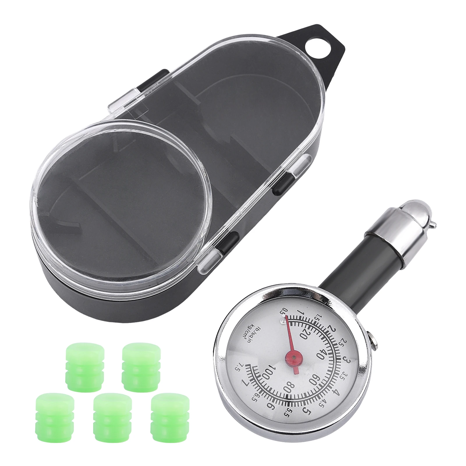

7pcs Portable Inspection Tool Analog Display With Air Valve Repair Easy Read Storage Box Tire Pressure Gauge Set Safe Driving