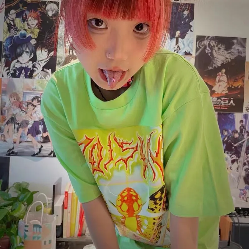 Фото Karrcat Y2k Эстетическая футболка 2000s Harajuku E-girls, футболка с коротким рукавом, металлические Топы в стиле интернет-шик, в стиле панк, торговый центр... №4