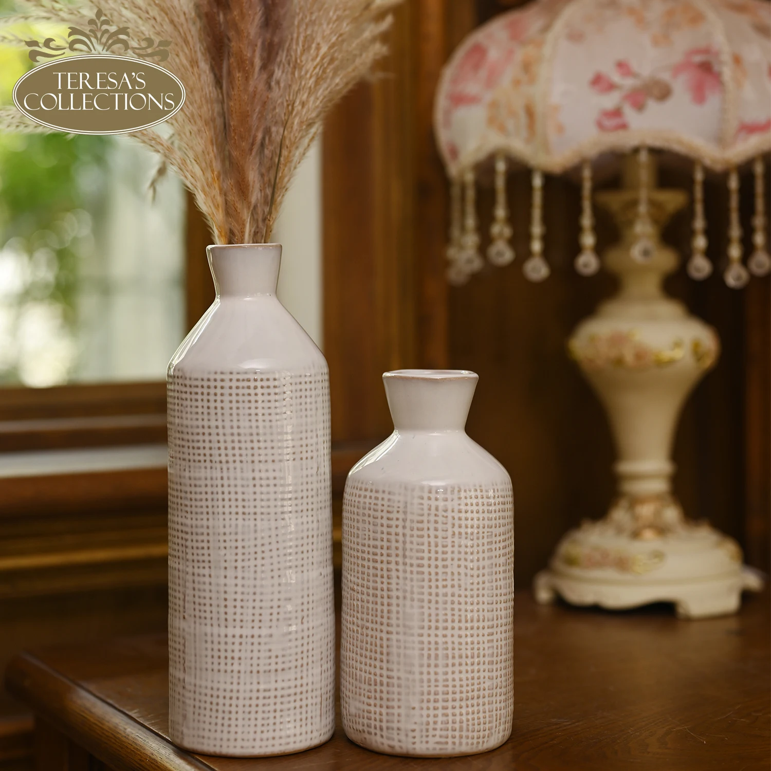 

TERESA'S COLLECTIONS Rustic Ceramic Vase Decorative Beige White Vase Home Decor Flower Vases Living Room Decoration