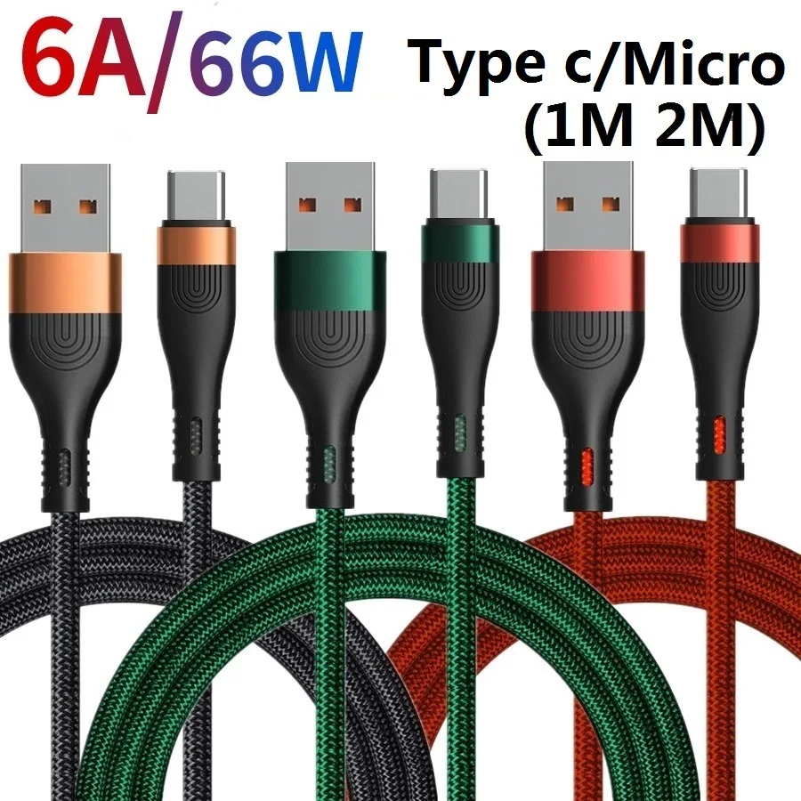

100pcs/lot 66W 6A Fast Quick Charger Type c Micro Usb Cable 1M 2M 6ft Fabric Alloy Cables For Samsung S20 note 20 htc lg xiaomi