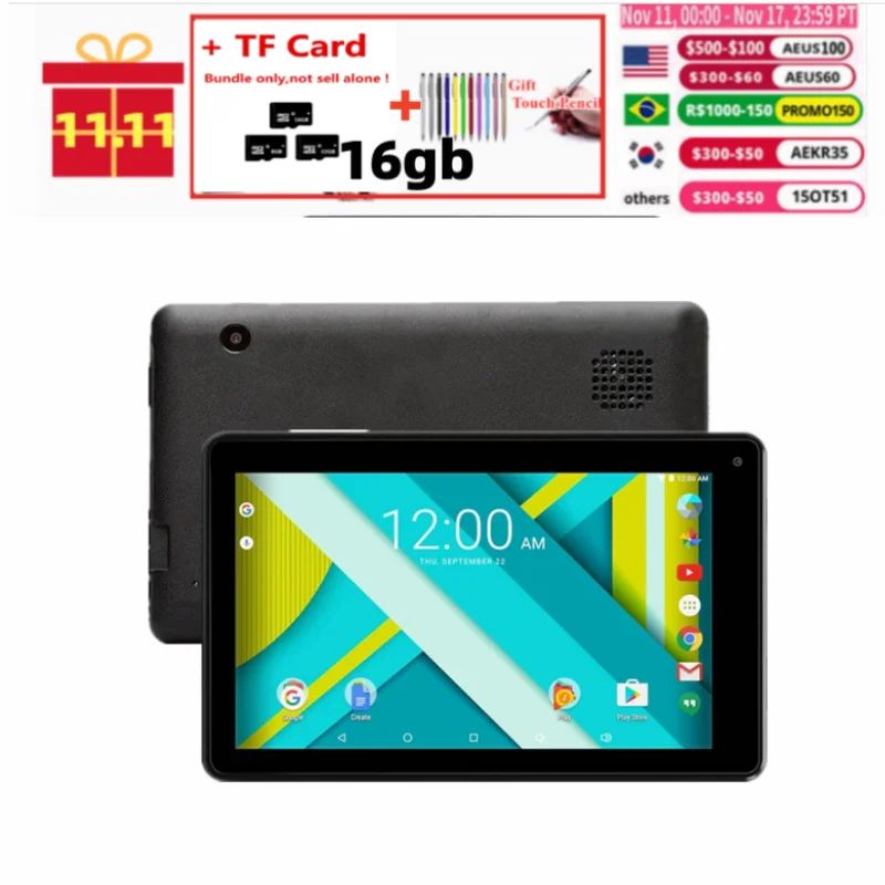

Hot 7 Inch RCT Android 6.0 Kids Tablet PC Quad Core 1GB RAM 16GB ROM 1024*600IPS Support WiFi Dual Camera Netbook
