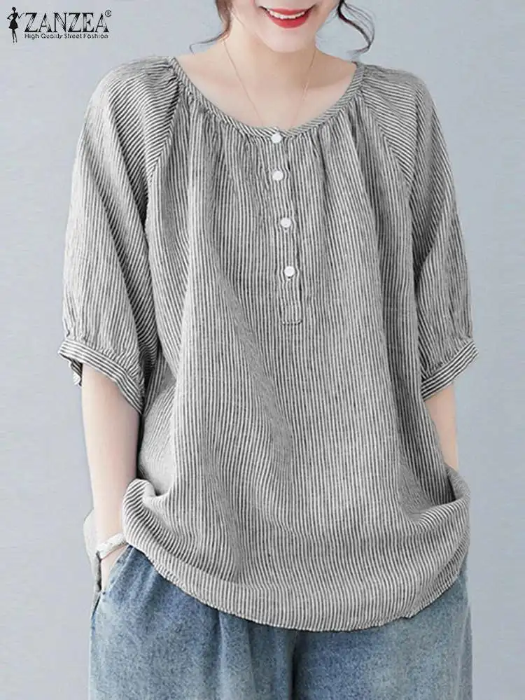 

Винтажные летние топы, Женская Повседневная Блузка в полоску, рубашка ZANZEA с коротким рукавом, Женская Повседневная Свободная рабочая рубашка на пуговицах