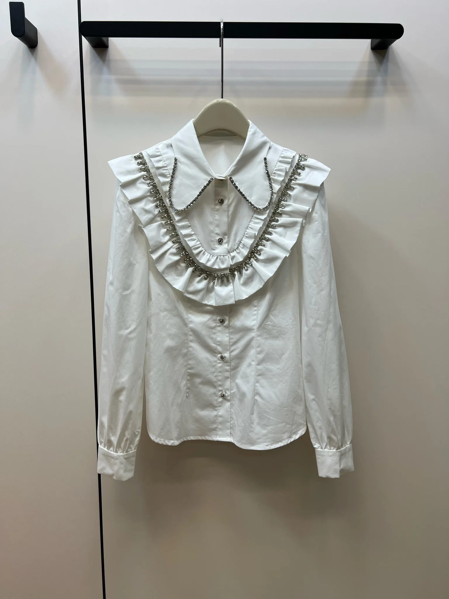 

2023 Early Spring Fashion New Women's Wear Diamond Ruffled Decorative Shirt 0317