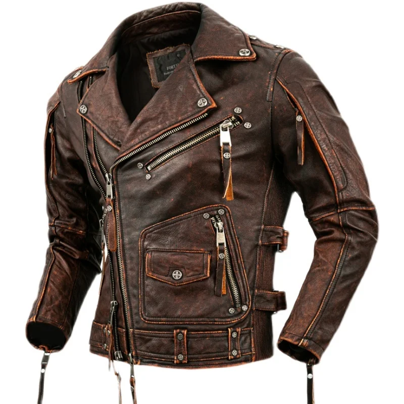 

Sping and 2023New Autumn Fashion Jackets for Men's Oblique Zipper Pockets High Quality Cowhide Leather Motorcycle Coat