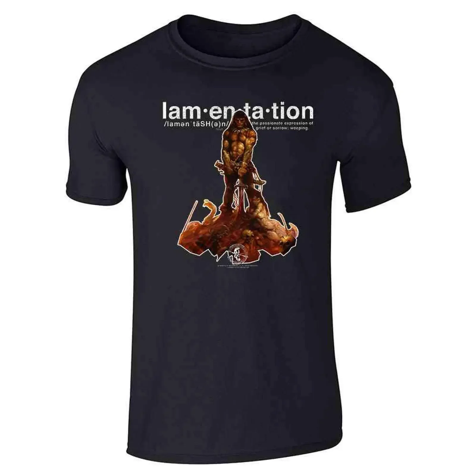 Фото Футболка Pop Threads Barbarian Lamentation от Frank Frazetta для мужчин, винтажная, с эффектом потертости, в уличном стиле, удобная, эластичная, с графическим принтом. №1