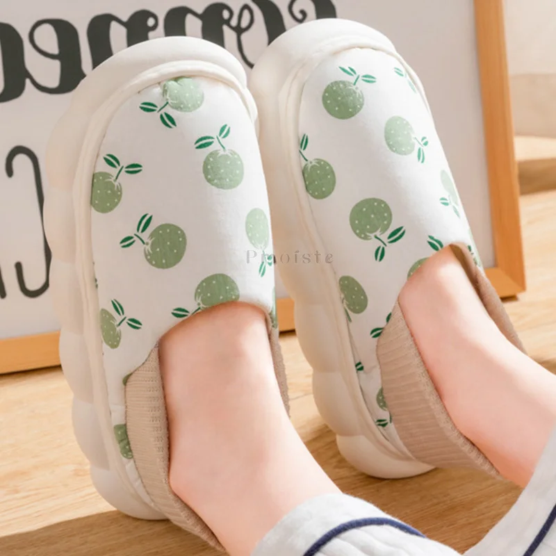 Cute Fruit Printed Women Platform Slippers Winter Casual Home Slippers Soft Warm Plush EVA Non-slip Slippers Indoor Female