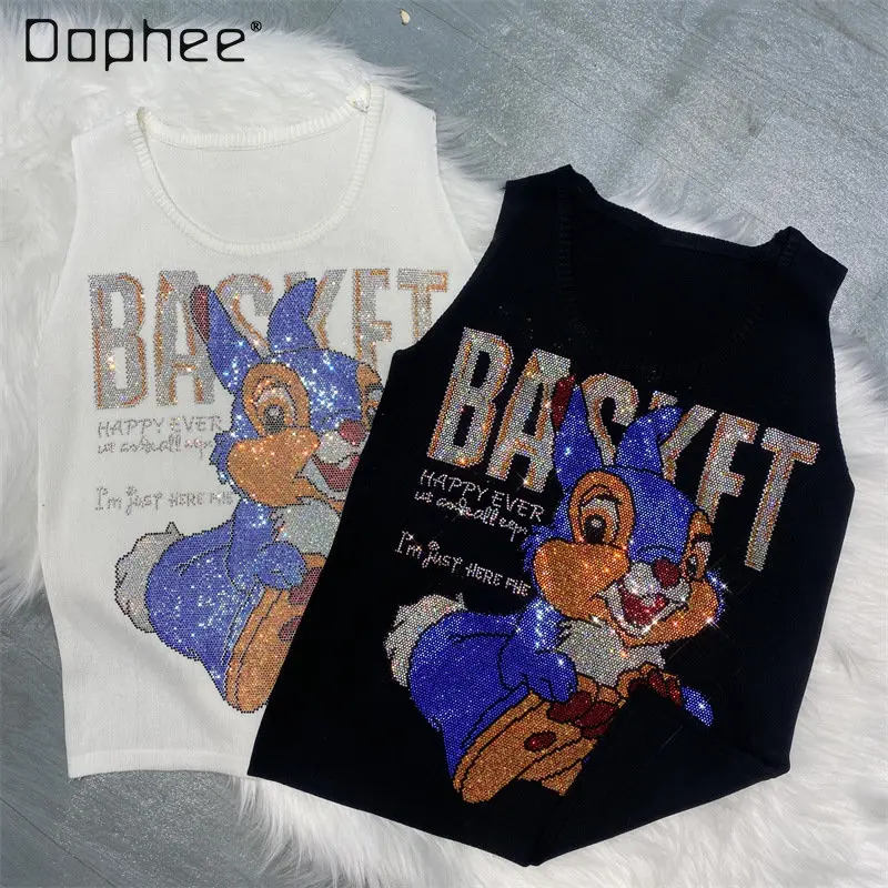 

Модный трикотажный жилет с U-образным вырезом для женщин, новинка весны-лета 2023, тяжелая промышленная модель, черный жилет с мультяшным рисунком, женские милые топы