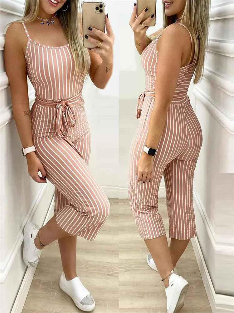 

Sets Outifits 2023 New Striped Print Cropped Jumpsuit with Belt of One Fashion Casual Pieces for Women Free Ship