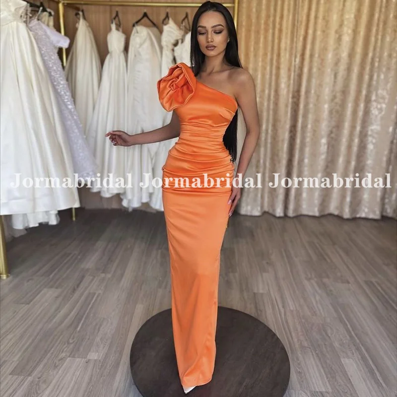 

One Shoulder Orange Satin Evening Dress with Ruched Skirt Handmade Flower Women Mermaid Formal Party Dresses Vestidos De Noche