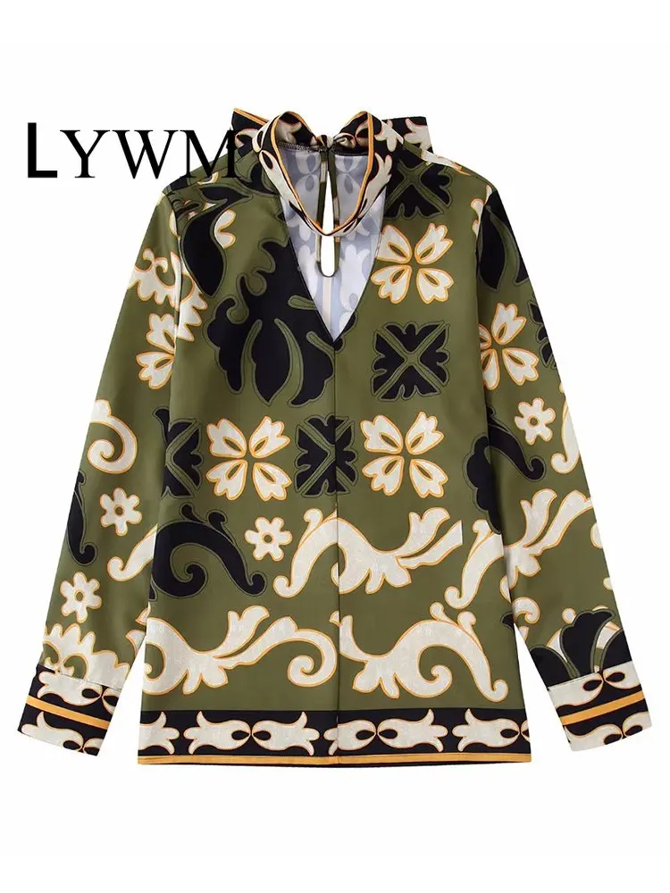 

LYWM Women Fashion With Bow Printed Lace Up Blouse Vintage Halter Neck Long Sleeve Female Chic Lady Shirt