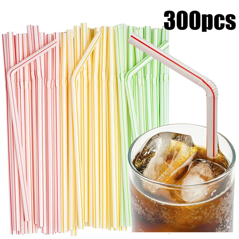 

300pcs Disposable Plastic Straws Rainbow Striped Bendable Stretchable Drinking Straw for Party Bra Cocktail Juice Drink Straws