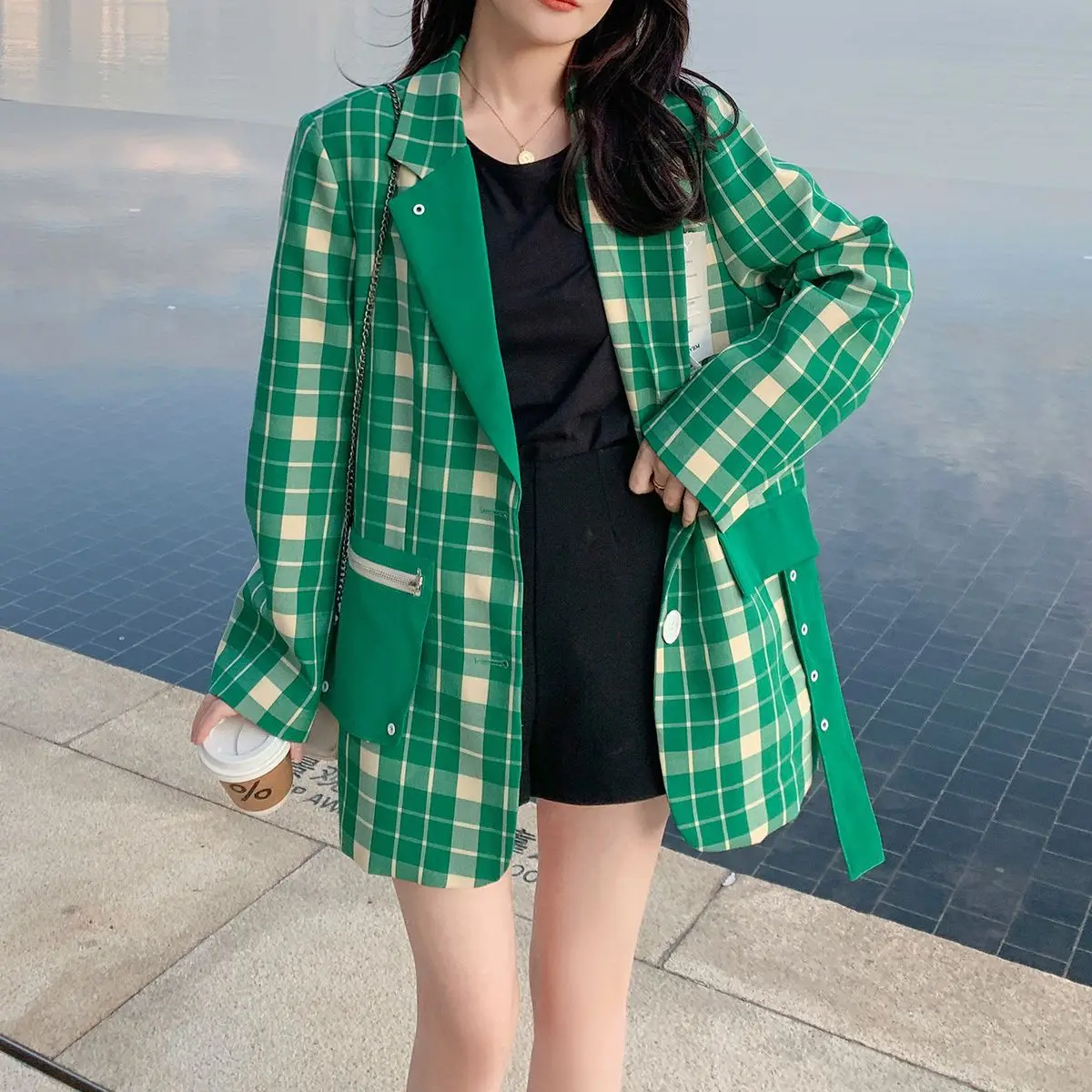 

Женский клетчатый Блейзер SuperAen, зеленый Блейзер в стиле ретро, весна-осень 2023, новый дизайн, свободная милая куртка, пальто