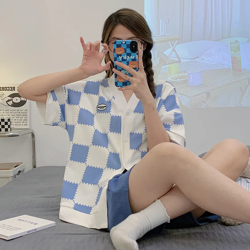 Cotton Women Pajamas Sets Strawberry Pyjamas Female Loungewear Button Pijamas Short Sleeve Top Shorts Suit Sleepwear Nightwear